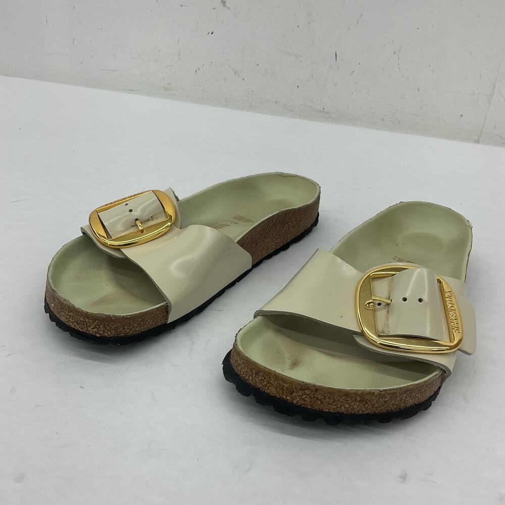 Birkenstock White Patent Madrid Big Buckle Sandals with Gold Buckles - Picture 2 of 7